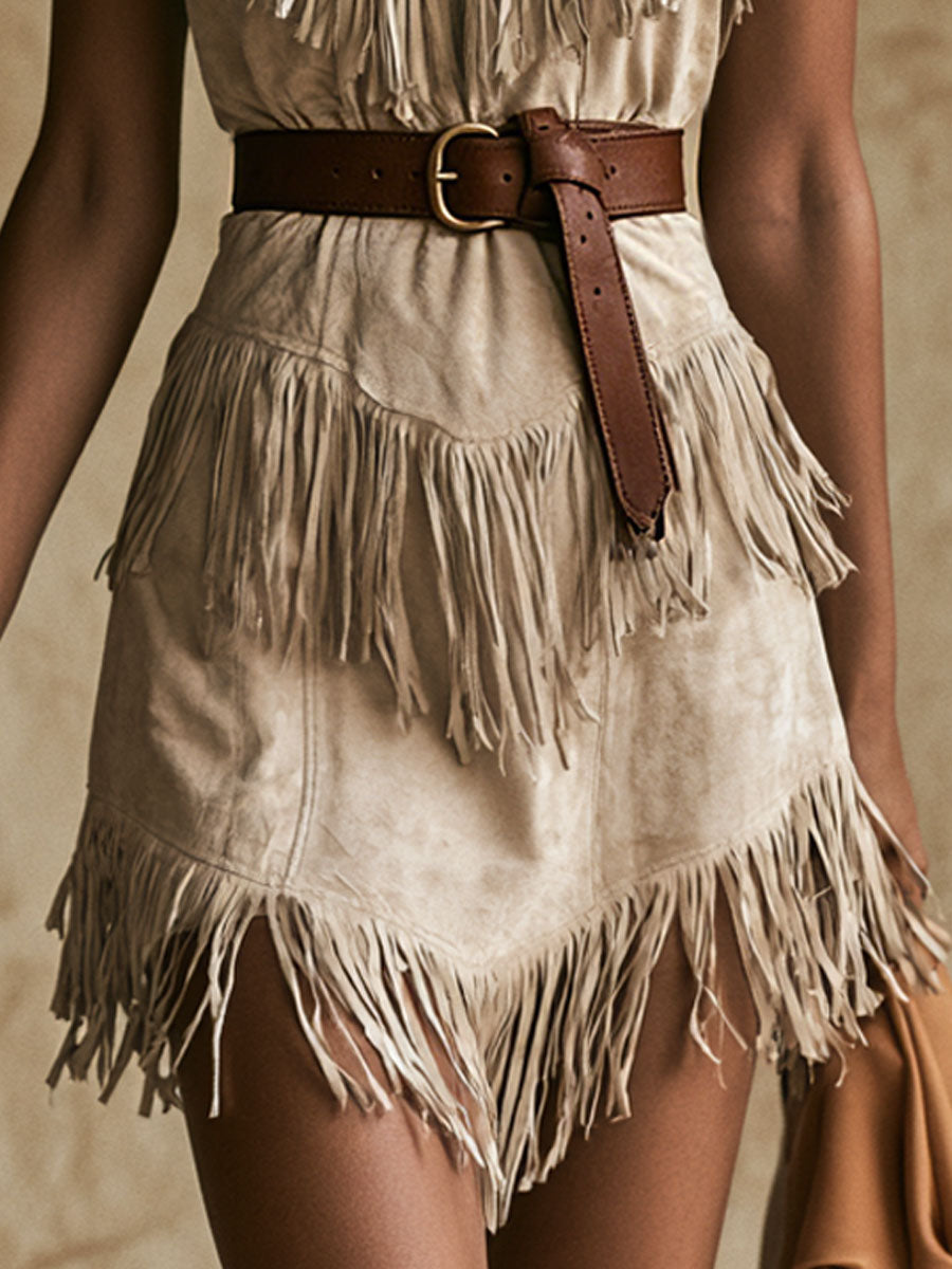Western Retro Tassel Beige Faux Suede Sleeveless Tie-Waist Mini Dress