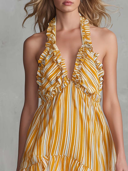 Vintage Vacation Halter-neck V-neck Ruffled Light Yellow Striped Chiffon Mini Dress
