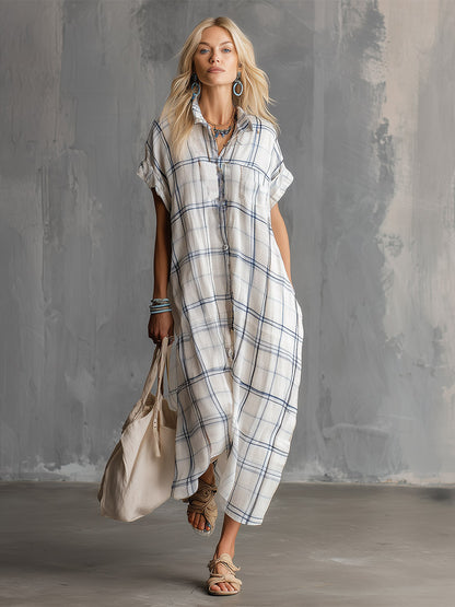 Elegant And Casual White Plaid-print Cotton-linen Short-sleeve Maxi Dress