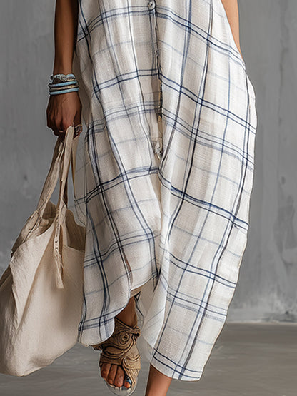 Elegant And Casual White Plaid-print Cotton-linen Short-sleeve Maxi Dress