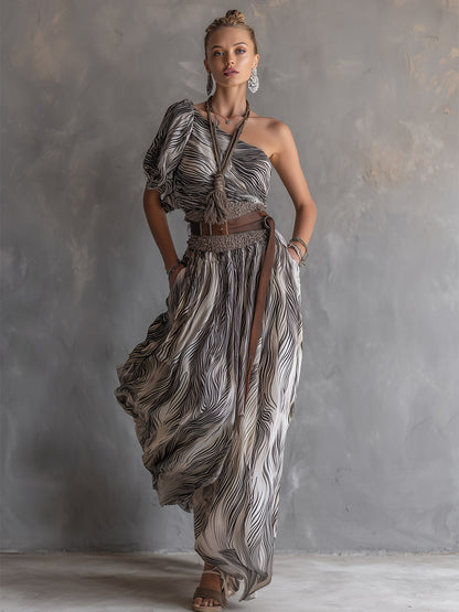 Vintage-style Western White Abstract-stripe One-shoulder Chiffon Maxi Dress