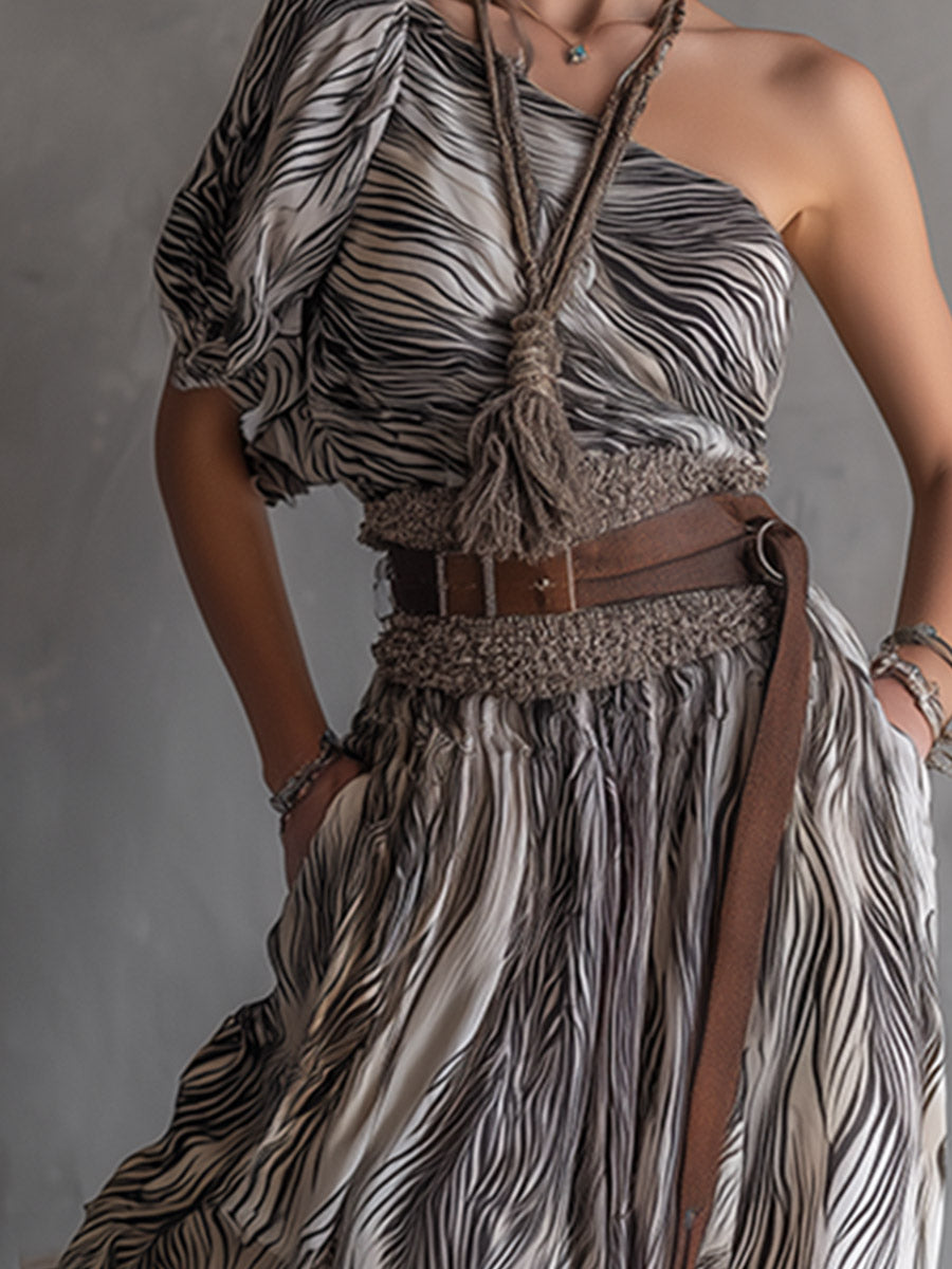 Vintage-style Western White Abstract-stripe One-shoulder Chiffon Maxi Dress