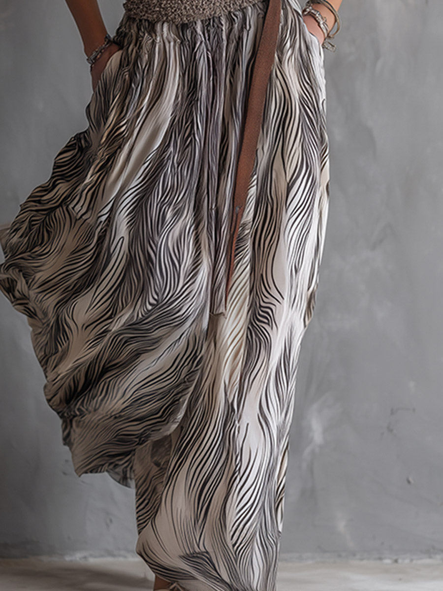 Vintage-style Western White Abstract-stripe One-shoulder Chiffon Maxi Dress