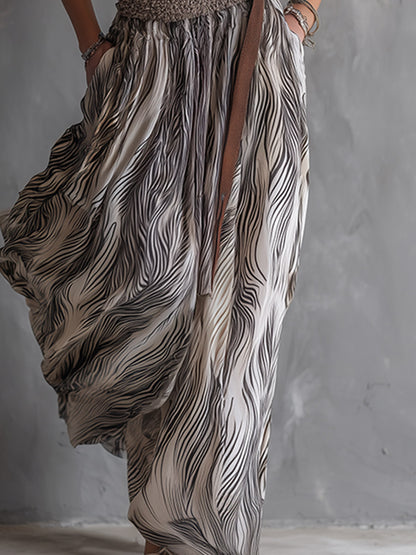 Vintage-style Western White Abstract-stripe One-shoulder Chiffon Maxi Dress