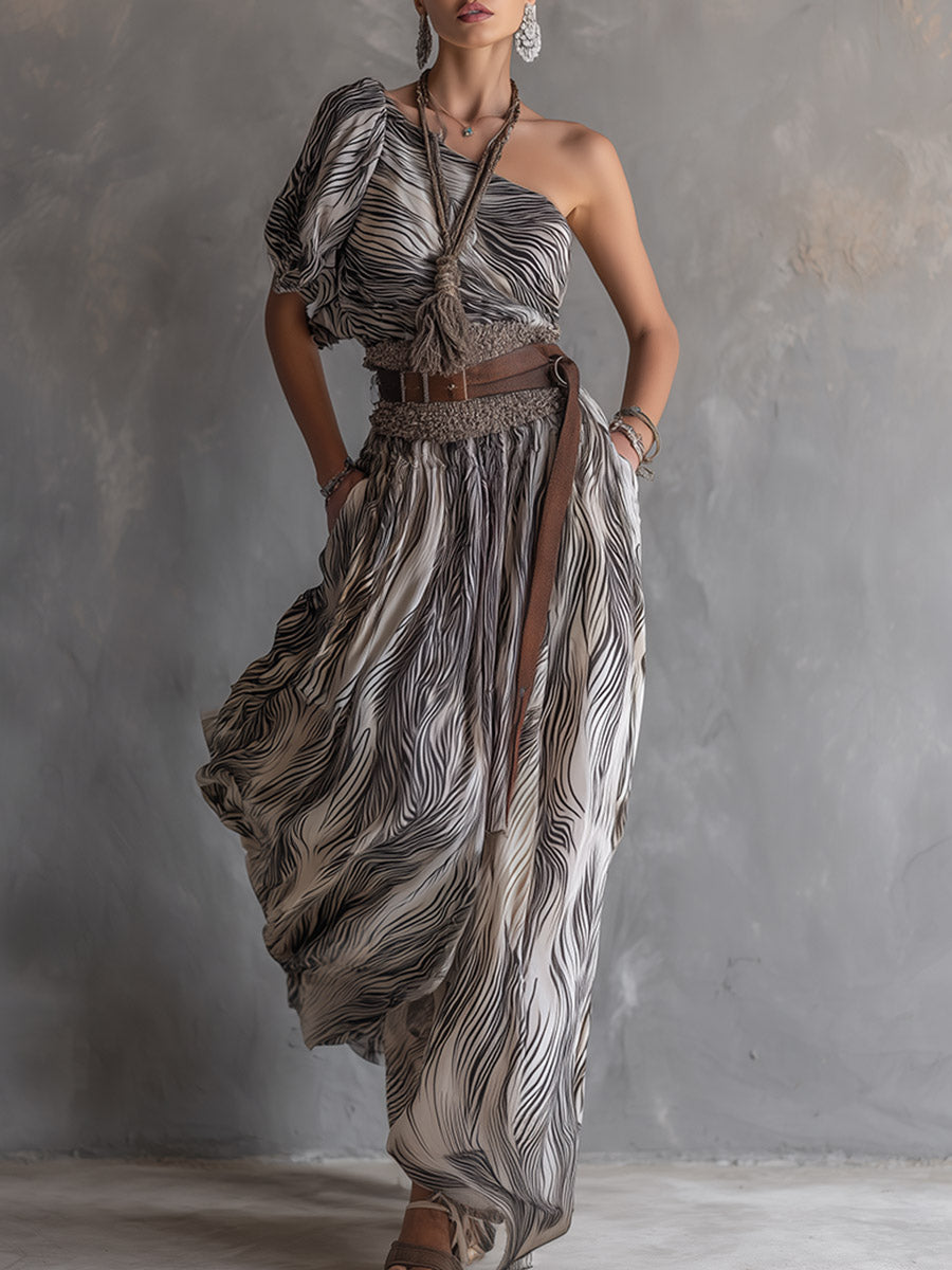Vintage-style Western White Abstract-stripe One-shoulder Chiffon Maxi Dress