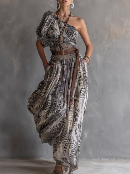 Vintage-style Western White Abstract-stripe One-shoulder Chiffon Maxi Dress
