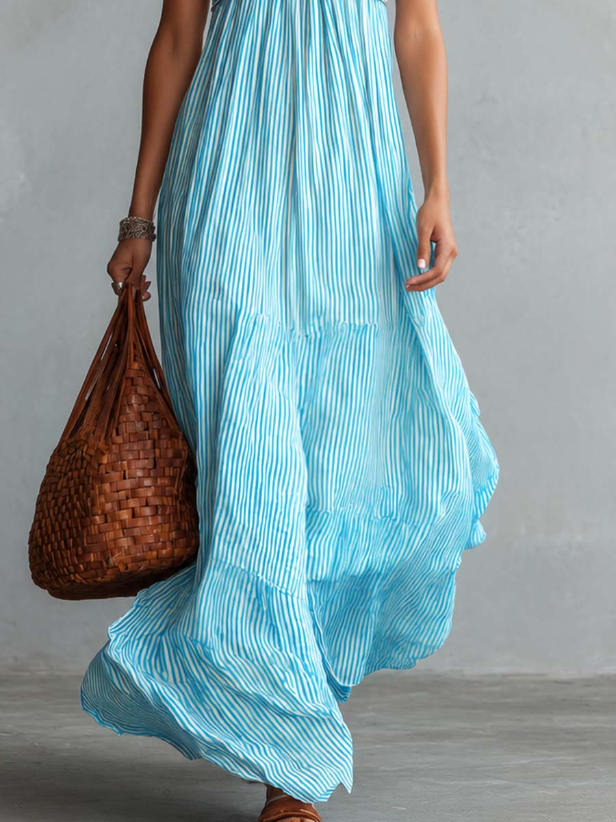 Flowy Stylish Halter V-neck Light Blue Striped Maxi Dress