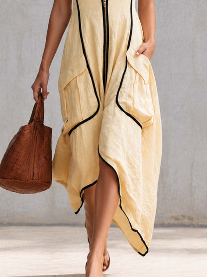 Elegant Casual Workwear V-neck Front-zip Light Yellow Cotton-linen Maxi Dress