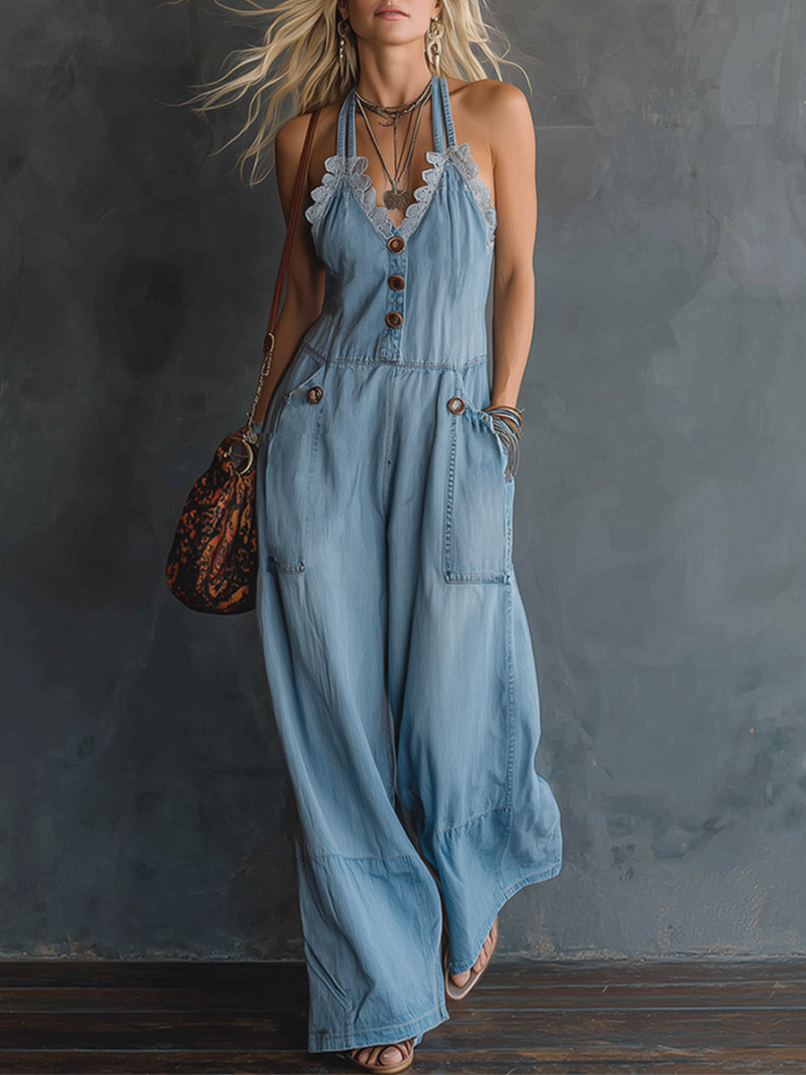 Retro-style Lace-trimmed Light Blue Denim Sleeveless Jumpsuit