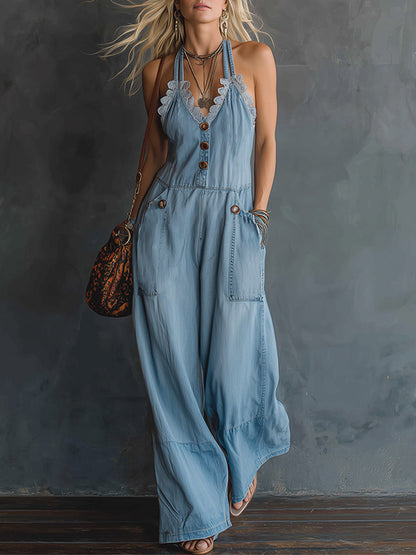 Retro-style Lace-trimmed Light Blue Denim Sleeveless Jumpsuit