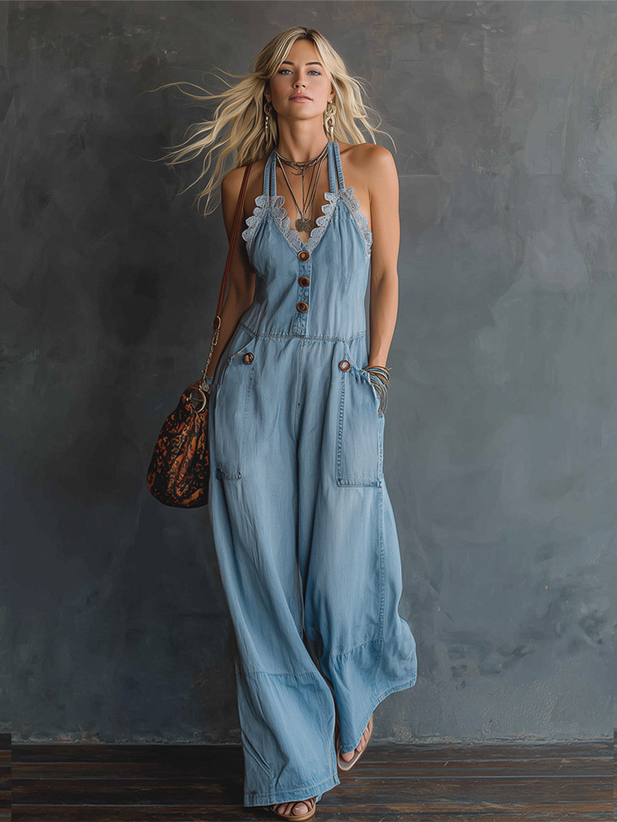 Retro-style Lace-trimmed Light Blue Denim Sleeveless Jumpsuit