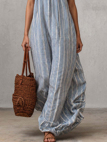 Retro Casual Vacation Halter Neck With Ruffle Detail Light Blue Striped Maxi Dress