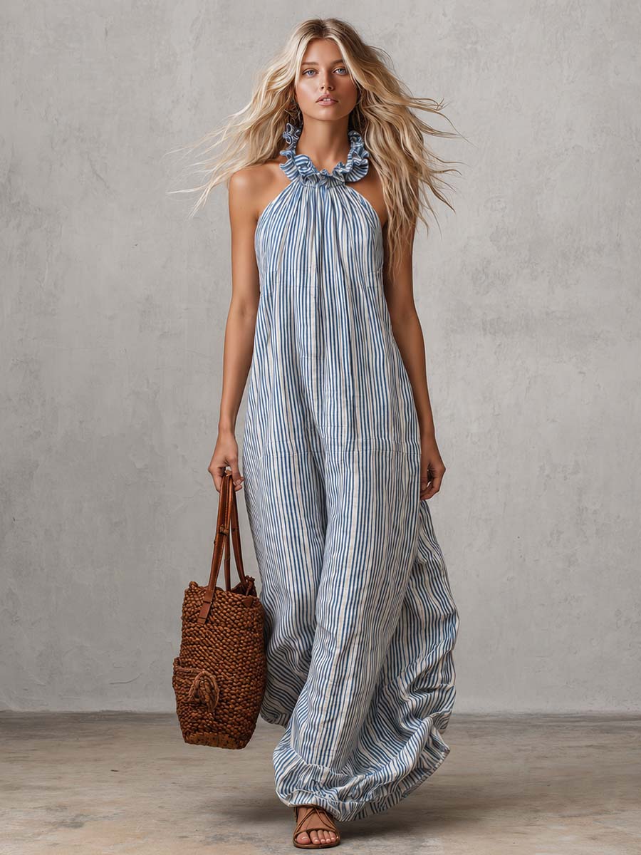 Retro Casual Vacation Halter Neck With Ruffle Detail Light Blue Striped Maxi Dress
