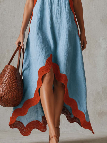 Vacation-Style V-neck And Red Wavy Trim Light Blue Cotton-linen Maxi Dress