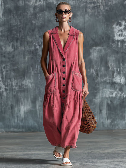 Casual Retro Pink Denim Sleeveless Midi Dress