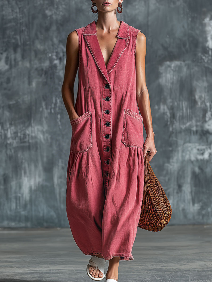 Casual Retro Pink Denim Sleeveless Midi Dress