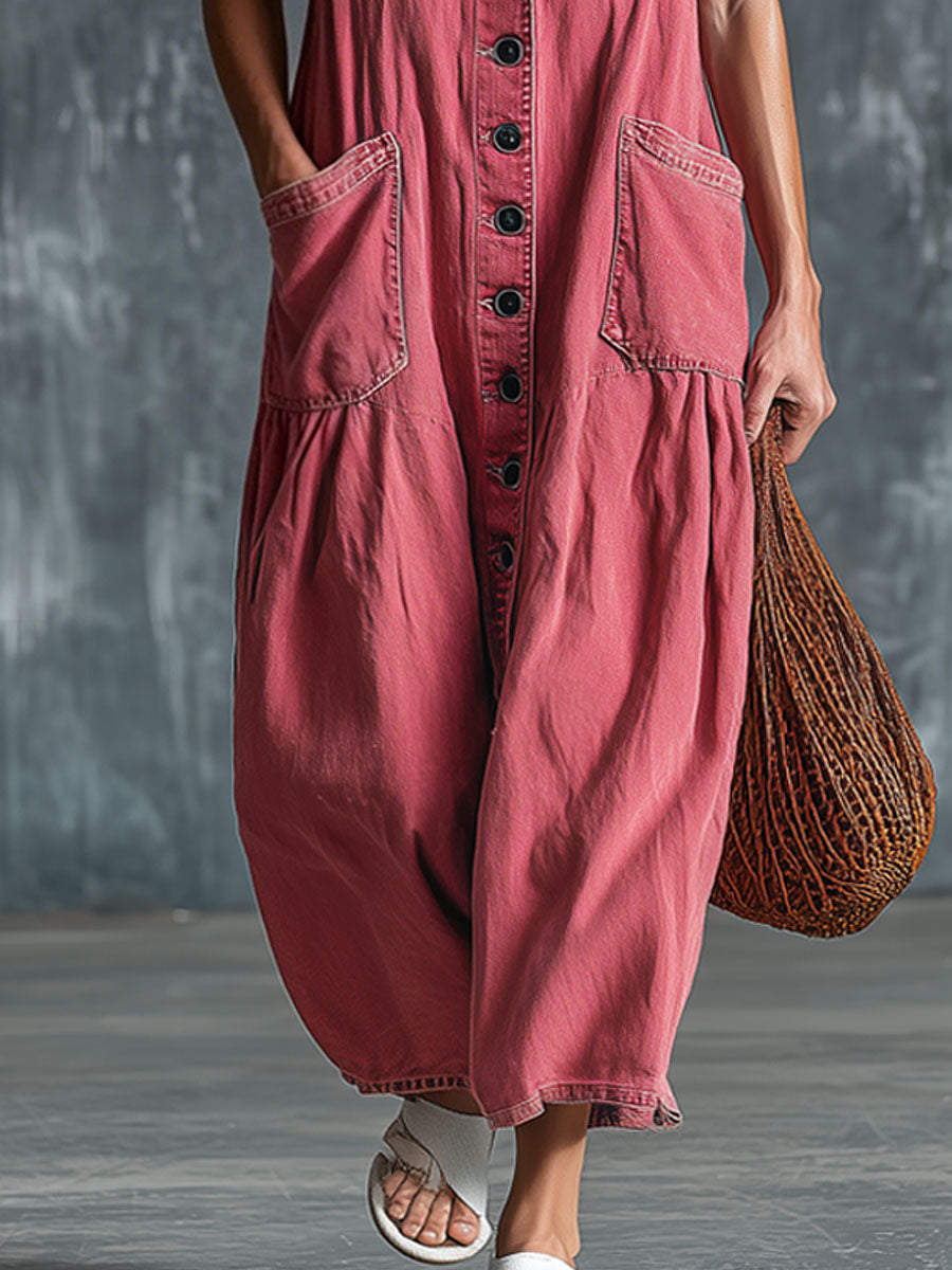 Casual Retro Pink Denim Sleeveless Midi Dress