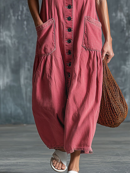 Casual Retro Pink Denim Sleeveless Midi Dress