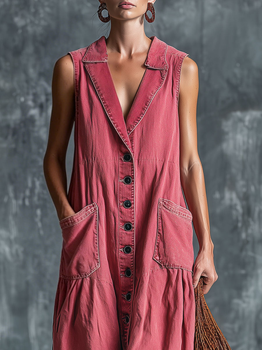 Casual Retro Pink Denim Sleeveless Midi Dress