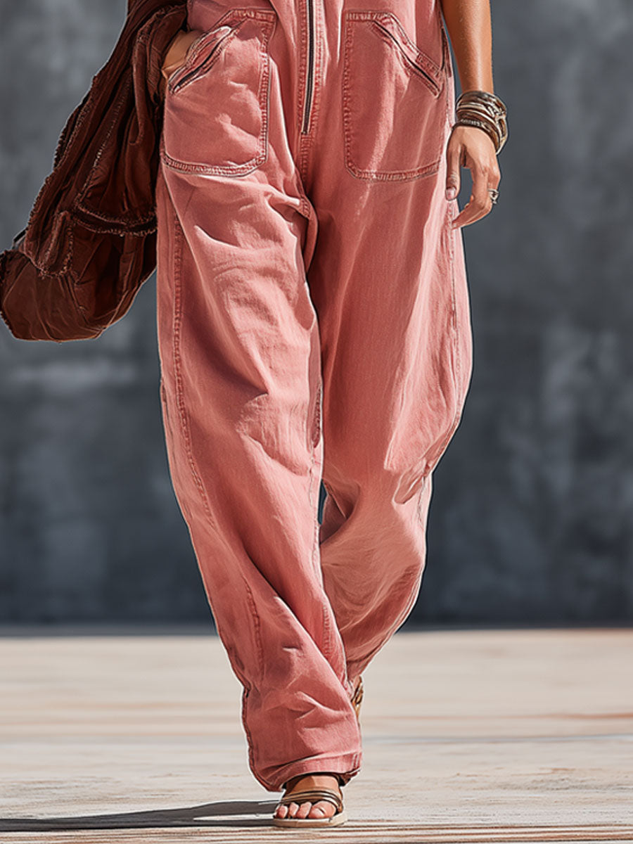 Western-style Retro Pink Denim Sleeveless Zip-up Jumpsuit