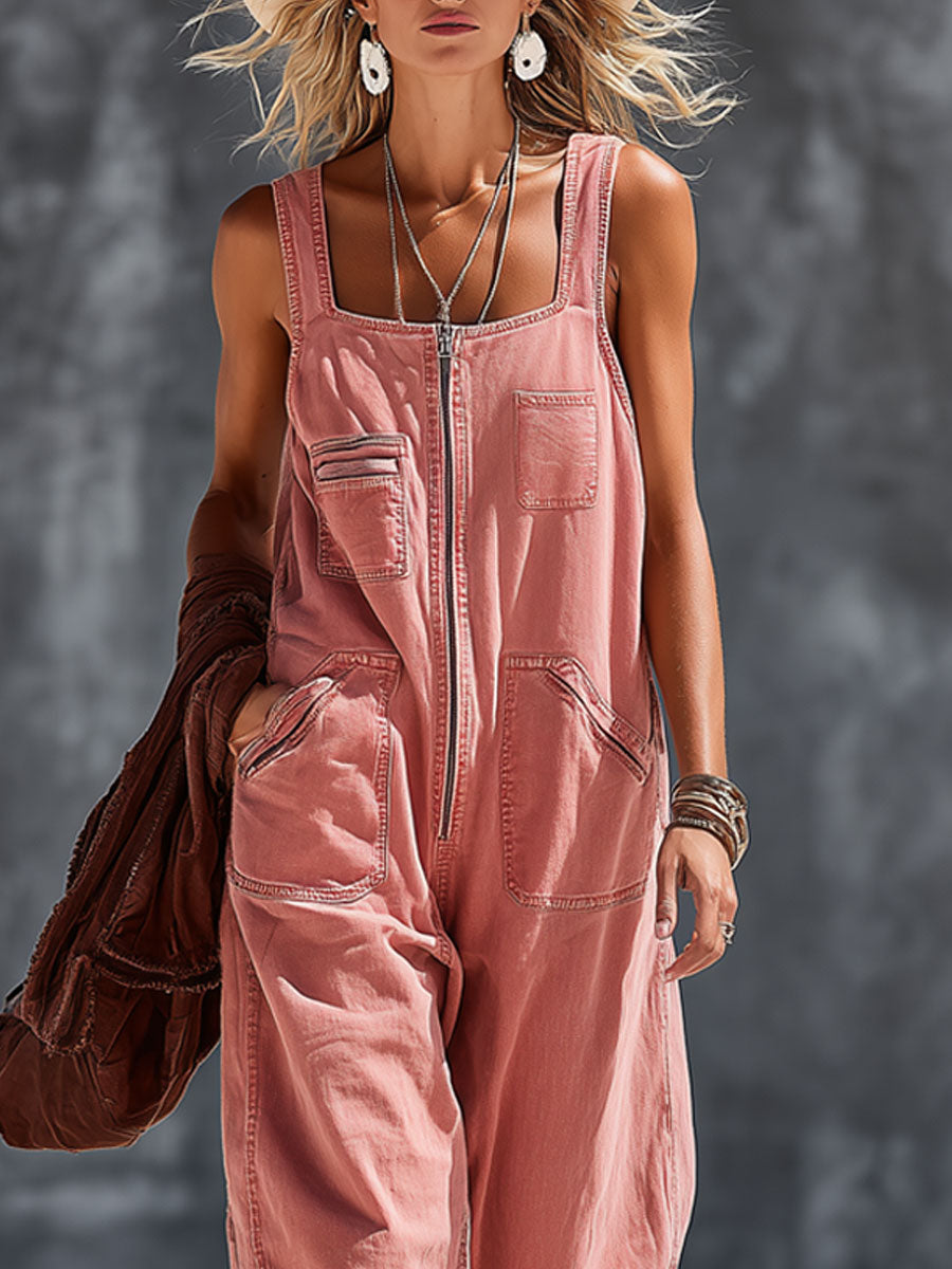Western-style Retro Pink Denim Sleeveless Zip-up Jumpsuit