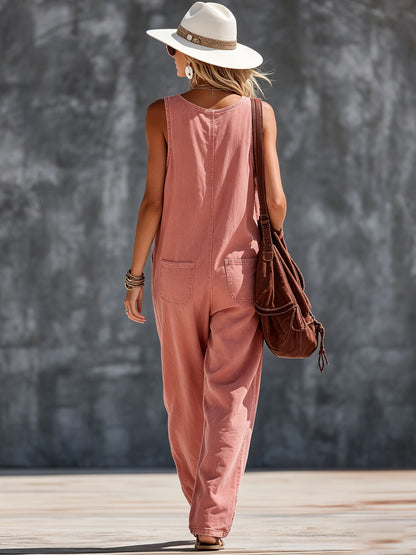 Western-style Retro Pink Denim Sleeveless Zip-up Jumpsuit