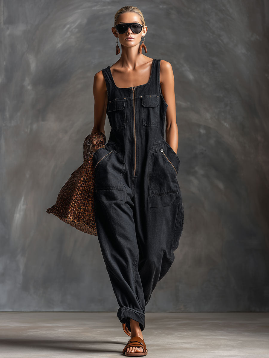 Casual Retro Black Denim Sleeveless Zip-up Jumpsuit