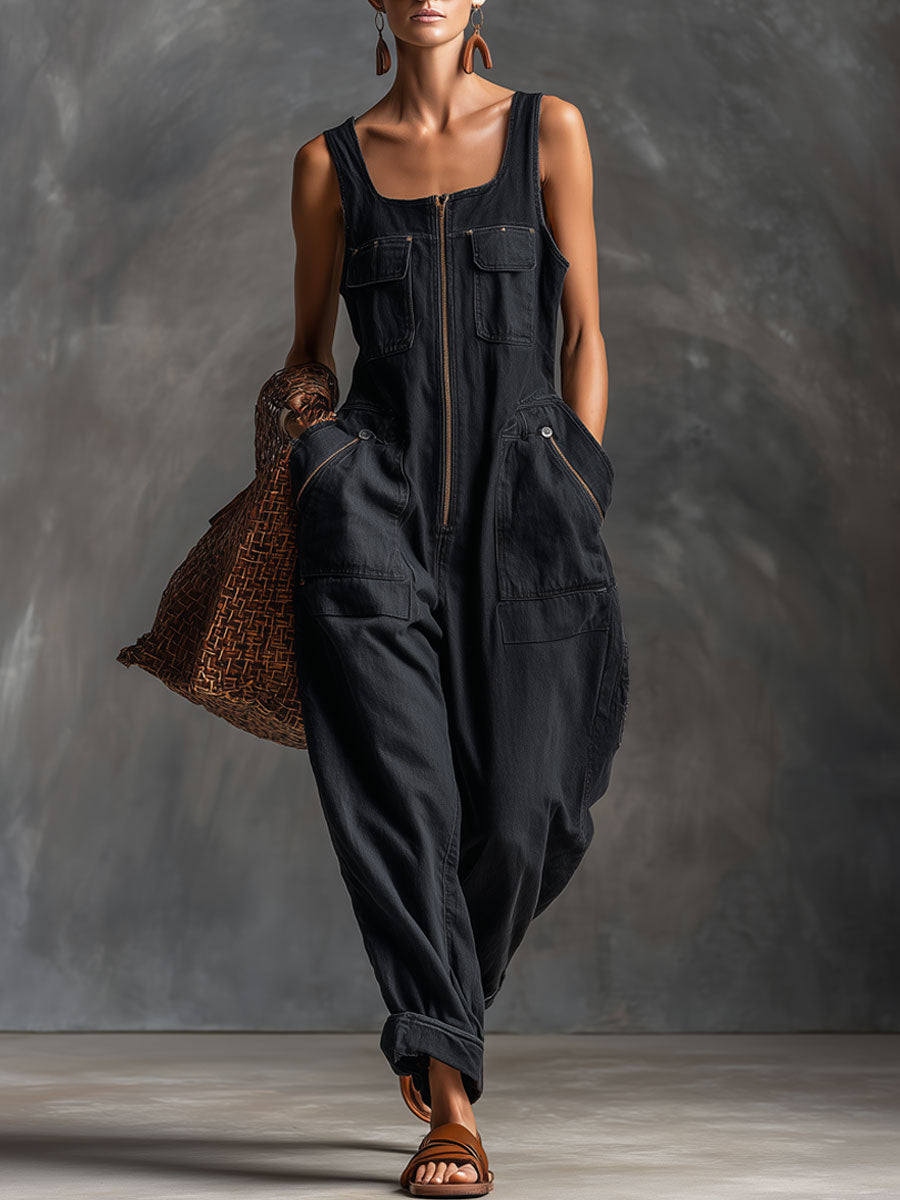 Casual Retro Black Denim Sleeveless Zip-up Jumpsuit