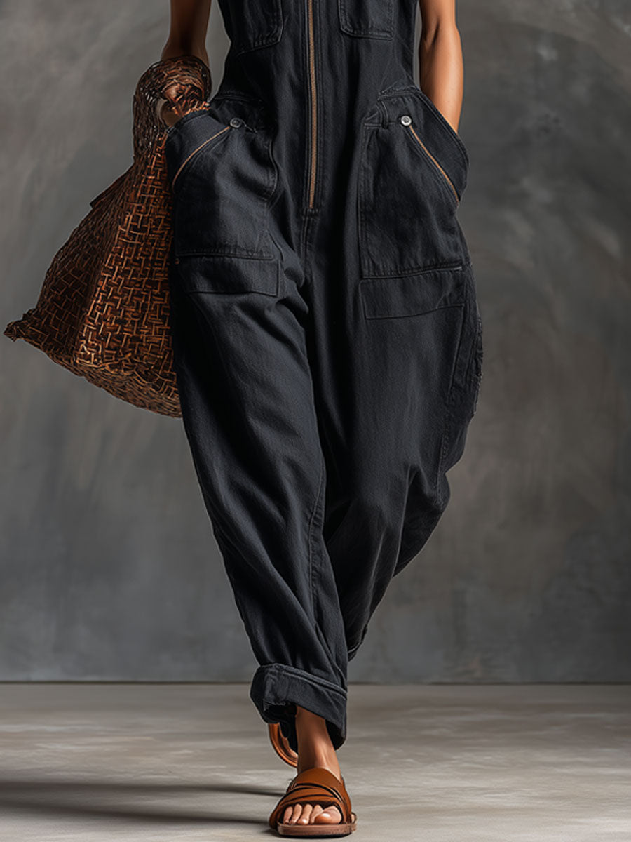 Casual Retro Black Denim Sleeveless Zip-up Jumpsuit