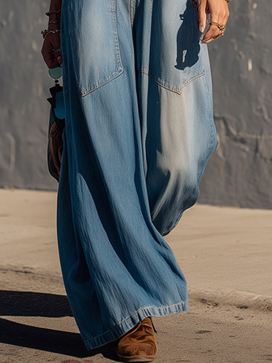 Retro-style Patchwork Blue Denim &amp; Leopard-print Faux Suede Jumpsuit