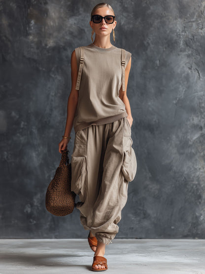 Retro Gray Cotton Sleeveless Sweatshirt And Cargo Pants Set