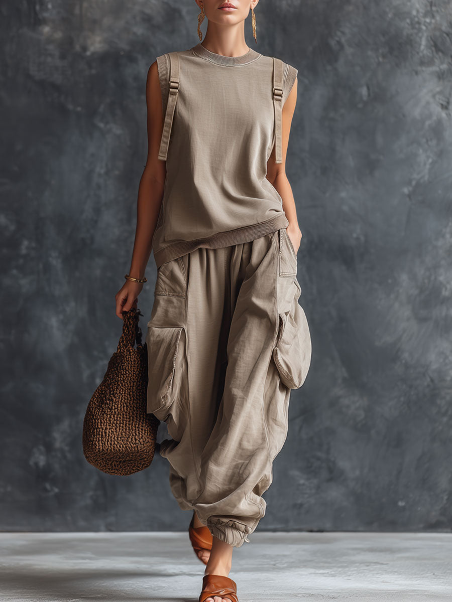 Retro Gray Cotton Sleeveless Sweatshirt And Cargo Pants Set