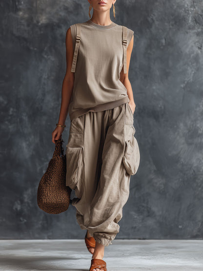 Retro Gray Cotton Sleeveless Sweatshirt And Cargo Pants Set