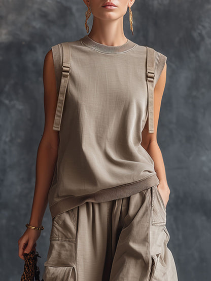 Retro Gray Cotton Sleeveless Sweatshirt And Cargo Pants Set