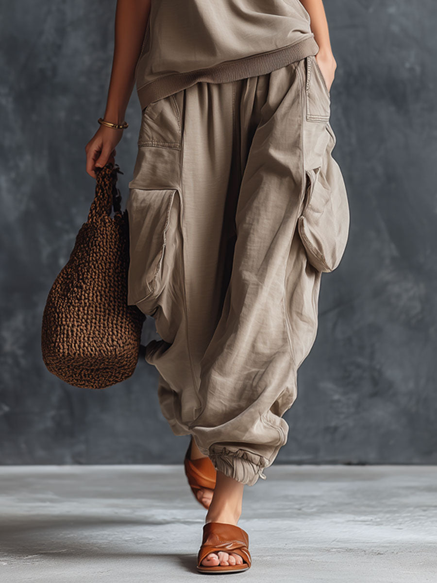 Retro Gray Cotton Sleeveless Sweatshirt And Cargo Pants Set
