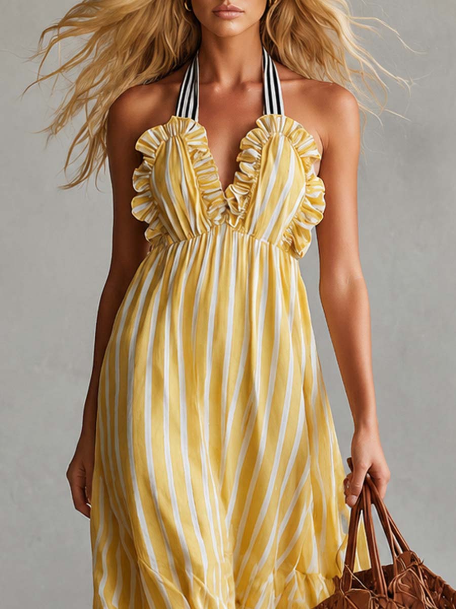 Vintage-style Vacation Halter-neck Ruffled Light Yellow Striped Chiffon Maxi Dress