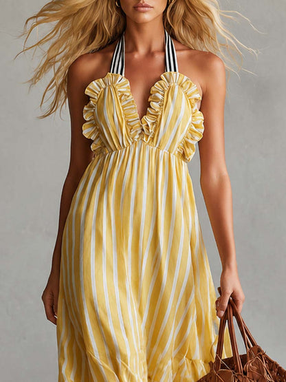 Vintage-style Vacation Halter-neck Ruffled Light Yellow Striped Chiffon Maxi Dress