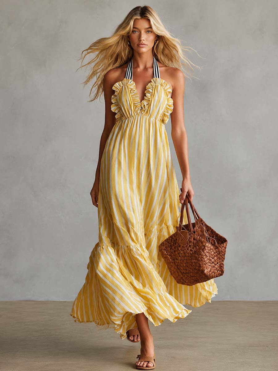 Vintage-style Vacation Halter-neck Ruffled Light Yellow Striped Chiffon Maxi Dress