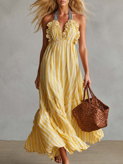 Vintage-style Vacation Halter-neck Ruffled Light Yellow Striped Chiffon Maxi Dress