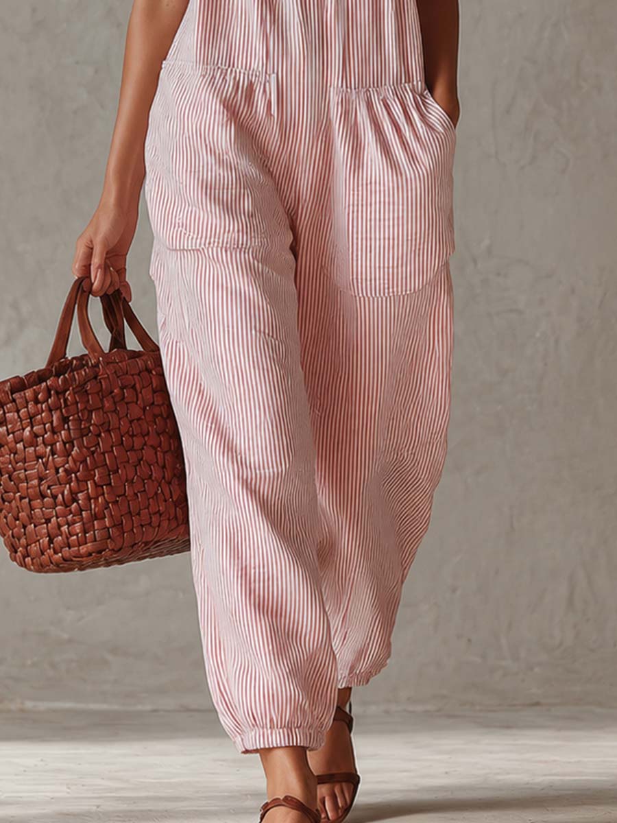 Retro Casual Pink Pinstriped Off-Shoulder Ruffled Jumpsuit