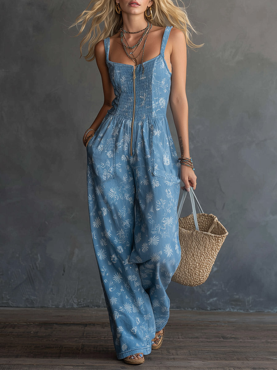Vintage-inspired Romantic Blue Denim Floral Print Square-neck Jumpsuit