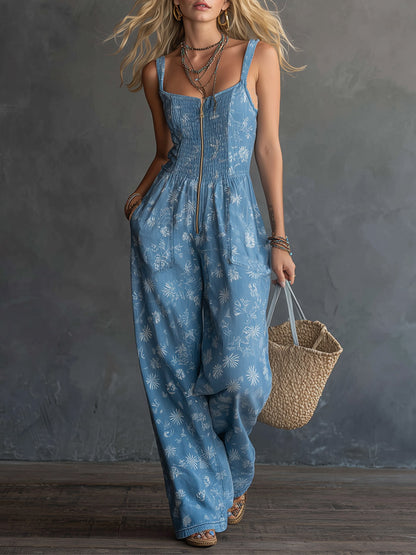 Vintage-inspired Romantic Blue Denim Floral Print Square-neck Jumpsuit