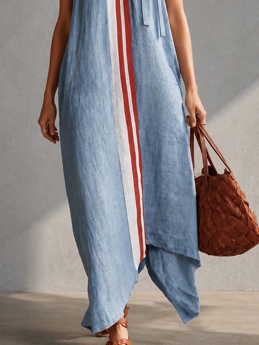Casual Fashion Round Neck With Ties Contrast Light Blue Cotton-linen Maxi Dress