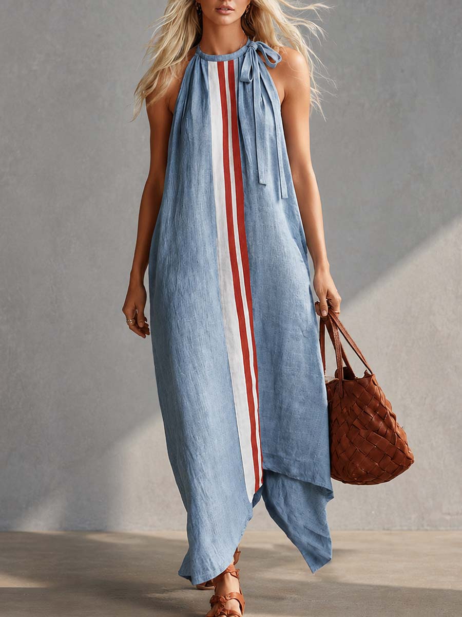 Casual Fashion Round Neck With Ties Contrast Light Blue Cotton-linen Maxi Dress