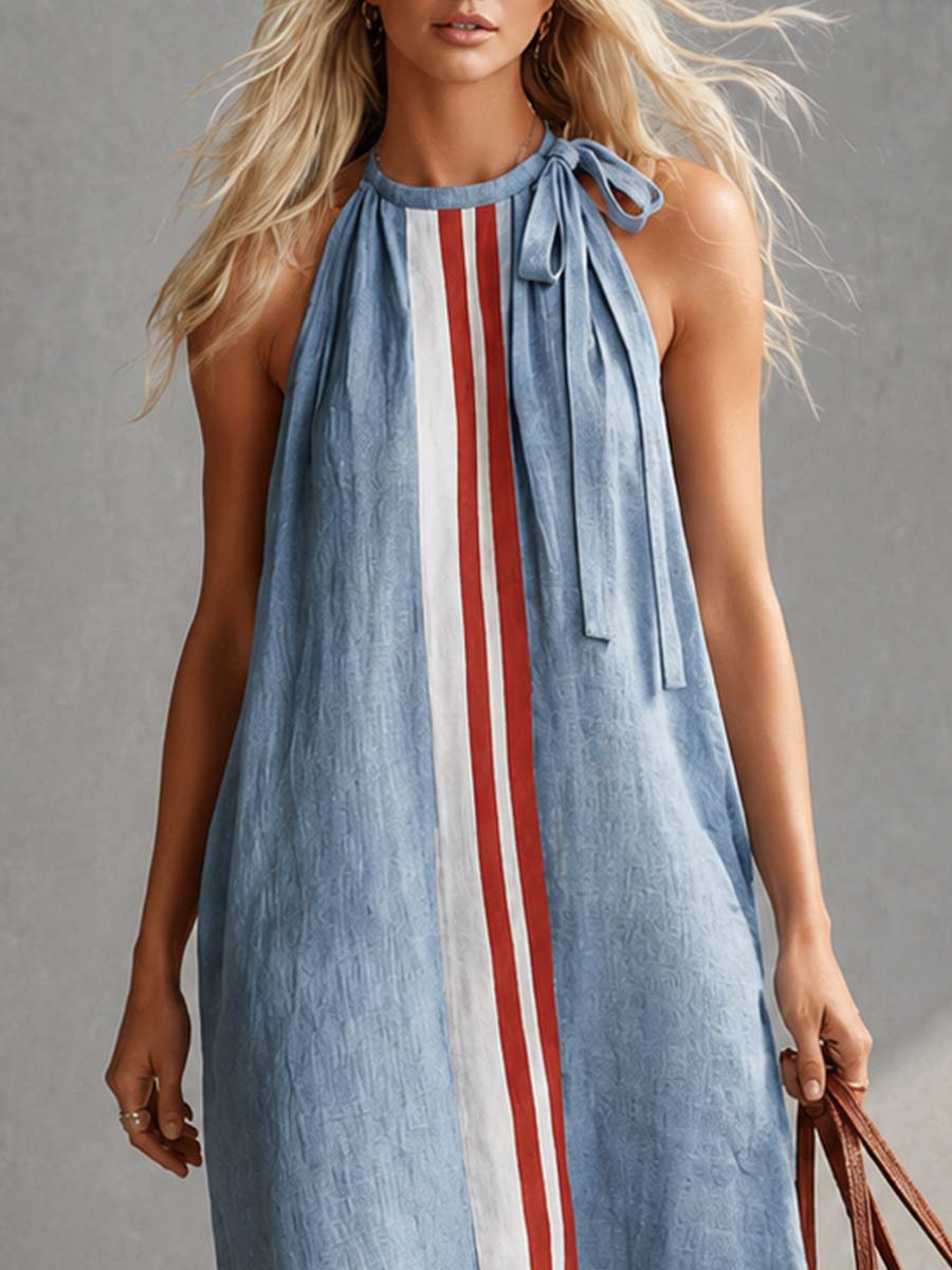 Casual Fashion Round Neck With Ties Contrast Light Blue Cotton-linen Maxi Dress