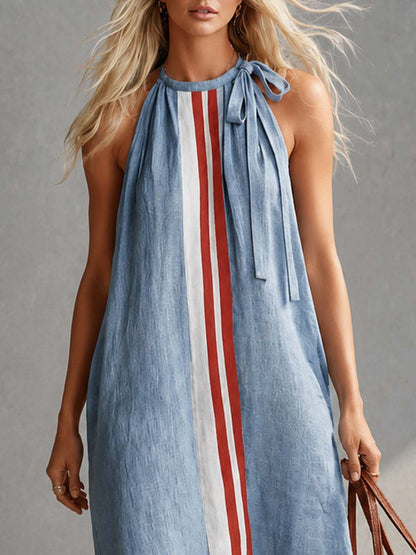 Casual Fashion Round Neck With Ties Contrast Light Blue Cotton-linen Maxi Dress