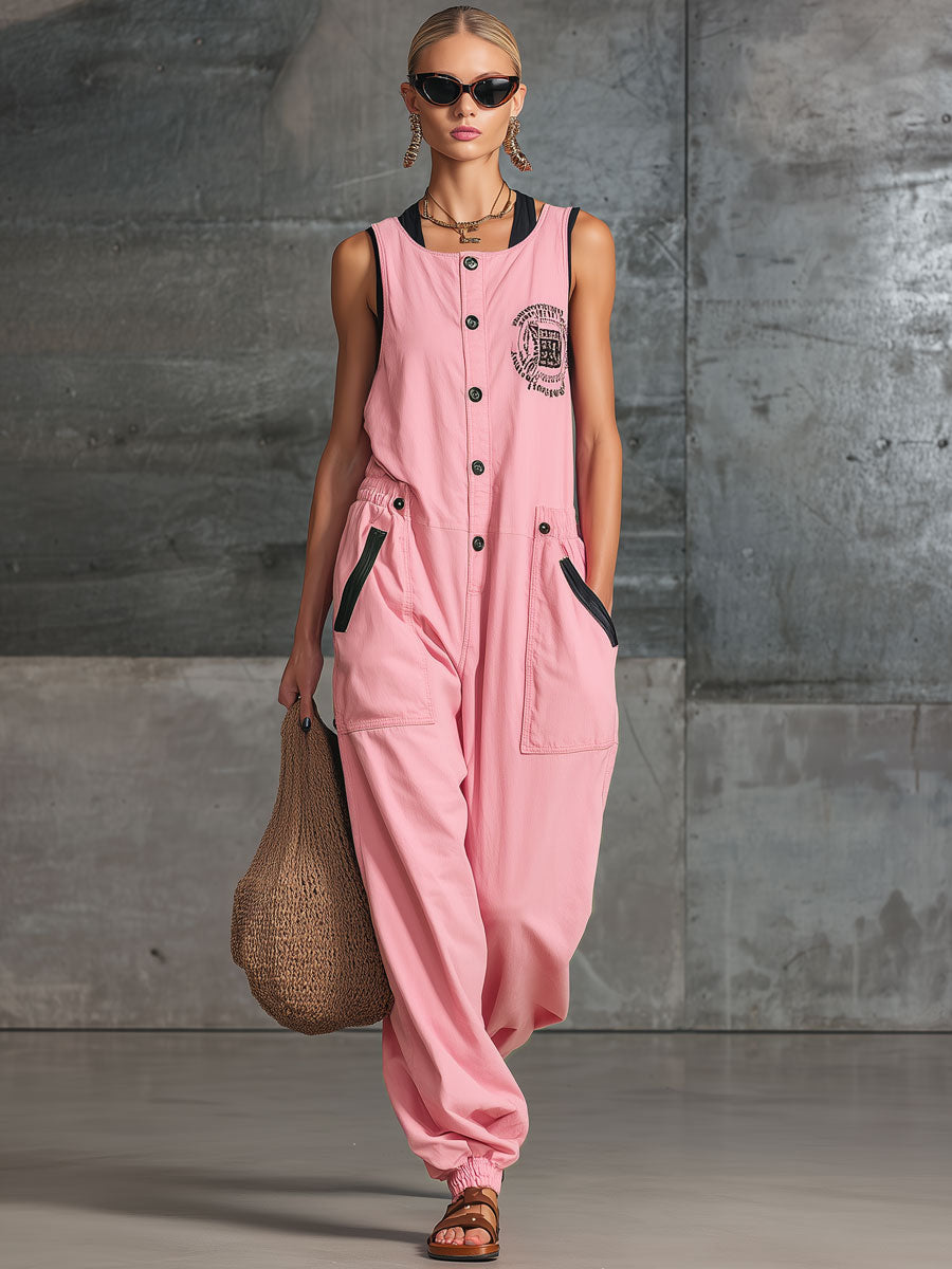 Sporty Retro Embroidered Pink Cotton Sleeveless Jumpsuit