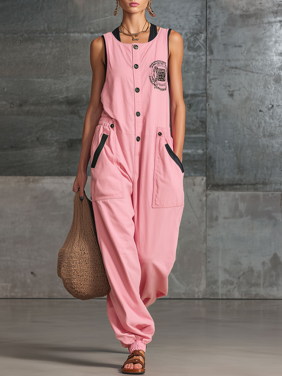 Sporty Retro Embroidered Pink Cotton Sleeveless Jumpsuit