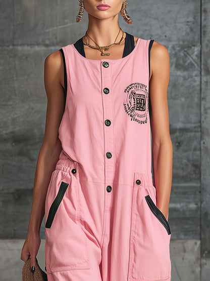 Sporty Retro Embroidered Pink Cotton Sleeveless Jumpsuit