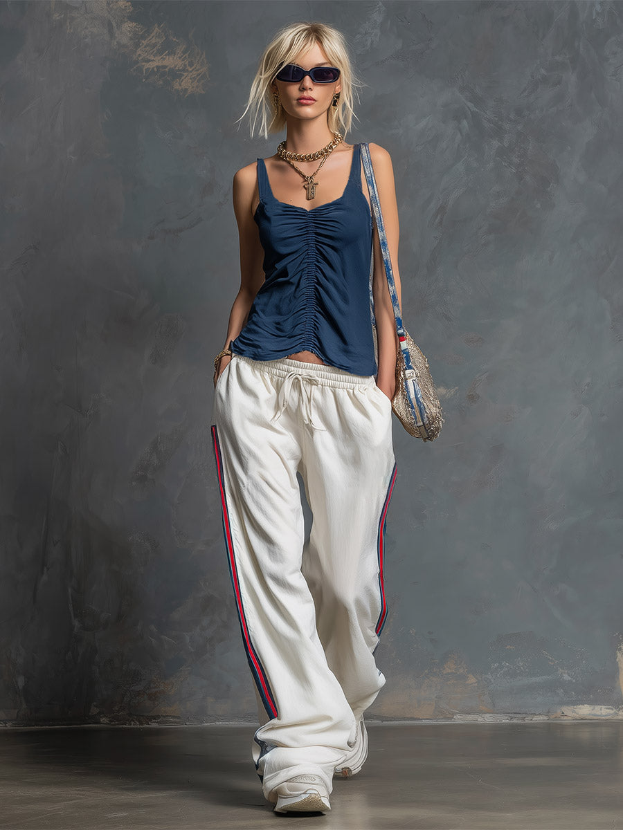Casual-sporty Navy Blue Pleated Sleeveless Top And White Wide-leg Trousers Set